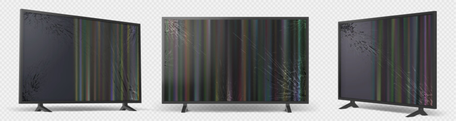 Broken tv set isolated on transparent background. Flat television with damaged screen front and angle view. Old lcd plasma display mockup. Graphic design elements, Realistic 3d vector illustration