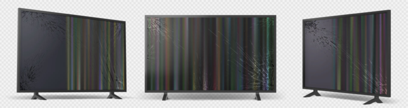 Broken Tv Set Isolated On Transparent Background. Flat Television With Damaged Screen Front And Angle View. Old Lcd Plasma Display Mockup. Graphic Design Elements, Realistic 3d Vector Illustration