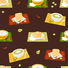 Seamless pattern with latin american food. National traditional dishes mexican food corn tortillas, Arroz con leche, green soup, Brazilian cheese bread on dark brown background. Vector illustration.