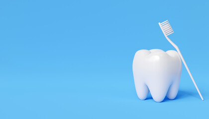 the dental model of a tooth and toothbrush, 3d render illustration concept of dental examination of teeth, dental health and hygiene blue background