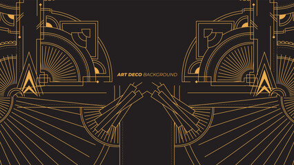 Art deco background with golden line and geometric shape on black background. Design element for wedding template, greeting card, retro card, art deco line frame border. Vector illustration