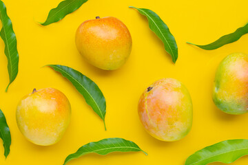 Tropical fruit, Mango on yellow background. Top view