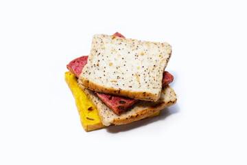 Whole grain bread slices on white background.
