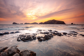 Landscape with Chagwido Island and strange volcanic rocks, view from Olle 12 corse in Jeju Island, Korea.