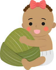Baby girl and Chinese traditional food for Dragon Boat Festival: Zongzi, glutinous rice food wrapped in bamboo leaves