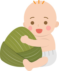 Baby boy and Chinese traditional food for Dragon Boat Festival: Zongzi, glutinous rice food wrapped in bamboo leaves