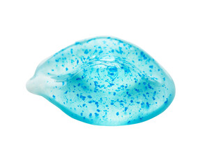 Smear of blue shower gel with scrub grain on white background