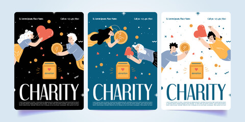 Set of charity campaign banner design templates. Flat vector illustration of male, female characters putting donations in fundraising box, holding heart symbols in hands. Volunteer organization flyer