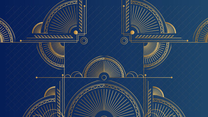 Art deco background with golden line and geometric shape on blue background. Design element for wedding template, greeting card, retro card, art deco line frame border. Vector illustration