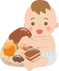 Baby boy and Chinese traditional food for Dragon Boat Festival: Zongzi, glutinous rice food wrapped in bamboo leaves