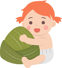Baby girl and Chinese traditional food for Dragon Boat Festival: Zongzi, glutinous rice food wrapped in bamboo leaves