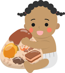 Baby girl and Chinese traditional food for Dragon Boat Festival: Zongzi, glutinous rice food wrapped in bamboo leaves