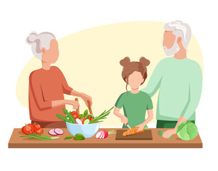 An elderly couple with their granddaughter is cooking. Grandfather and grandmother. Family lunch.
