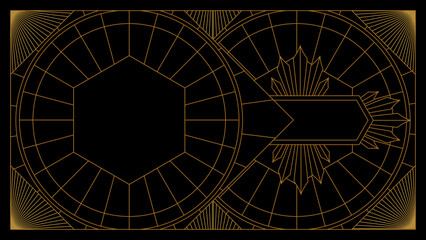 Art deco background with golden line and geometric shape on black background. Design element for wedding template, greeting card, retro card, art deco line frame border. Vector illustration