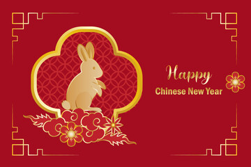 Happy Chinese New Year card, Year of Rabbit traditional design.  Gold rabbit running on Chinese lattice window frame, red background. Vector Illustration.