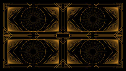 Art deco background with golden line and geometric shape on black background. Design element for wedding template, greeting card, retro card, art deco line frame border. Vector illustration