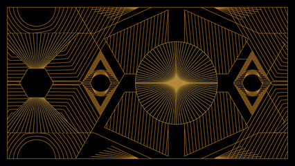 Art deco background with golden line and geometric shape on black background. Design element for wedding template, greeting card, retro card, art deco line frame border. Vector illustration