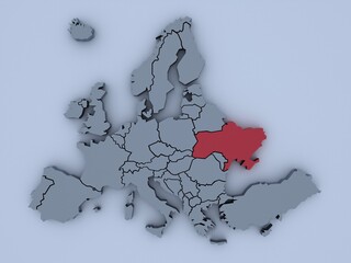 3D rendered map of Europe with bright colors focused on Ukraine