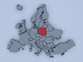 3D rendered map of Europe with bright colors focused on Poland