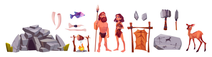 Cave man and woman, prehistoric primitive people in stone age cartoon icons set. Pelt, weapon and mammoth tusk, fire with frying meat, ancient hoofed animal and fish, Isolated vector illustration - obrazy, fototapety, plakaty