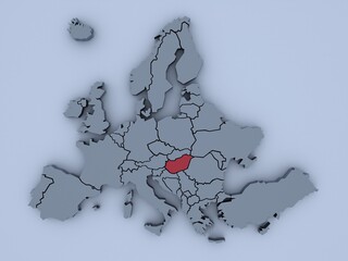 3D rendered map of Europe with bright colors focused on Hungary