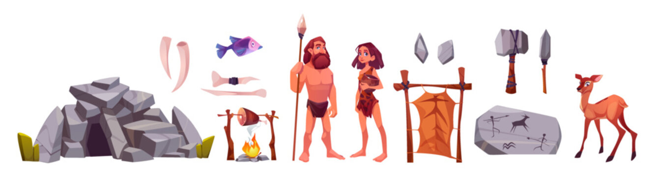 Cave man and woman, prehistoric primitive people in stone age cartoon icons set. Pelt, weapon and mammoth tusk, fire with frying meat, ancient hoofed animal and fish, Isolated vector illustration