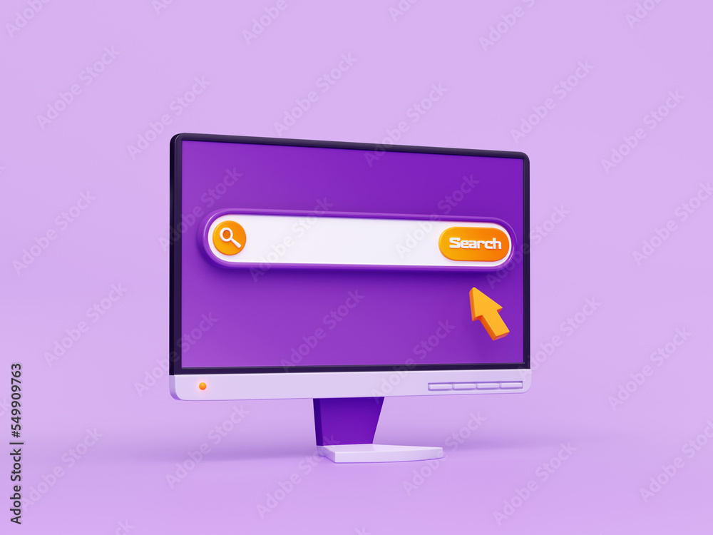 Poster 3d render computer search bar and pointer on desktop. pc screen with browser page and empty address 