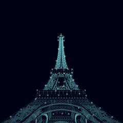 Fototapeta na wymiar Eiffel Tower wireframe with glowing lights from blue lines isolated on dark background. Bottom view. 3D. vector illustration.