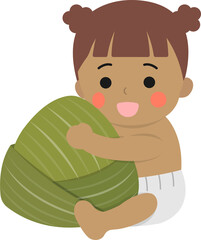 Baby girl and Chinese traditional food for Dragon Boat Festival: Zongzi, glutinous rice food wrapped in bamboo leaves