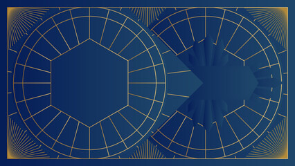 Art deco background with golden line and geometric shape on blue background. Design element for wedding template, greeting card, retro card, art deco line frame border. Vector illustration