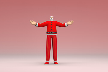 A man wearing Santa Claus costume. He is expression of hand when talking. 3d rendering of cartoon character in acting.