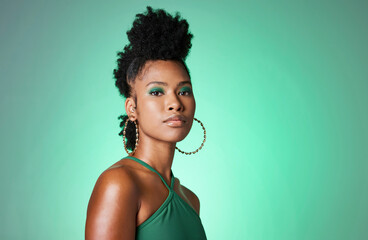 Black woman, retro beauty and makeup on green background, product placement mockup for advertising...