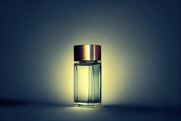  a bottle of perfume sitting on a table with a light on it's side and a shadow on the wall. Generative AI