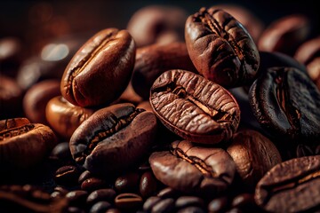  a pile of coffee beans and coffee beans on a table with coffee beans scattered around them and a few more coffee beans scattered around them. Generative AI