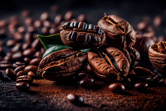  A Pile Of Coffee Beans And Coffee Beans On A Table With Coffee Beans Scattered Around It And A Green Leaf.