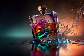  a colorful glass bottle of perfume with water splashing around it on a reflective surface with a splash of water. Generative AI