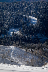 S-shaped route of the ski slope among the forest in the mountains. Mountain landscape. The beginning of winter in the mountains.