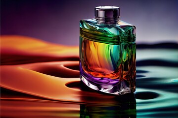  a colorful bottle of perfume sitting on a table top with a liquid swirling around it and a black top. Generative AI