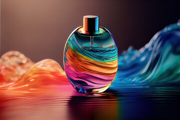  a colorful bottle of perfume sitting on top of a table next to a wave of water and a black background. Generative AI