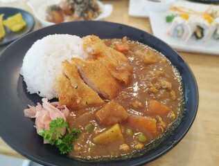 Tonkatsu Japanese Chicken Cutlet Curry With Rice. Japanese Food. Potato Carrot Masala Curry.