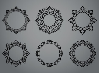 Set of decorative frames Elegant vector element for design in Eastern style, place for text. Floral black and gray borders. Lace illustration for invitations and greeting cards