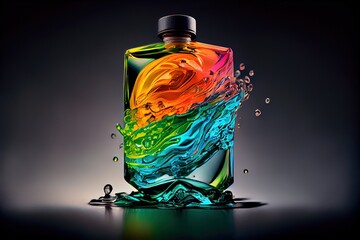  a colorful liquid bottle with a black top and a black background with a rainbow swirl on it and a black top. Generative AI