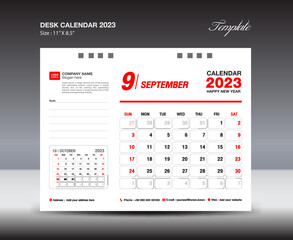 September 2023 template- Desk Calendar 2023 year template, wall calendar 2023 year, Week starts Sunday, Planner design, Stationery design, flyer design, printing media, red concept design