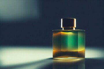  a bottle of perfume sitting on a table with a shadow on it's surface and a light shining on the bottle. Generative AI