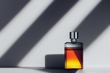  a bottle of perfume sitting on a table with a shadow on it's wall behind it and a light coming through the window. Generative AI