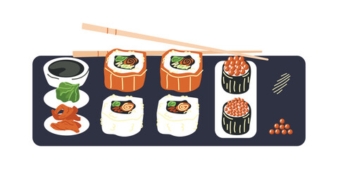 A set of rolls from Japan on a white background. Asian food. Vector illustration for restaurants, menus, decor