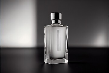  a bottle of perfume sitting on a table with a black background and a white wall behind it and a black and white background. Generative AI