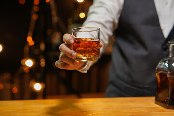 Bartender Serve Whiskey, on wood bar, 