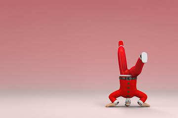A man wearing Santa Claus costume. He is doing exercise.  3d rendering of cartoon character in acting.