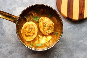 Egg Curry or Anda masala gravy, baida curry. Indian spicy food. Indian nonvegetarian Homemade food....